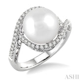 11 MM Cultured Pearl and 1/3 Ctw Round Cut Diamond Ring in 14K White Gold