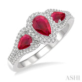 6X4 MM & 5X3 MM Triple Pear Shape Ruby and 1/5 Ctw Round Cut Diamond Precious Past Present and Future Ring in 10K White Gold