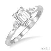 3/4 Ctw Octagon Emerald and Pear Cut Diamond Ladies Engagement Ring with 1/2 Ct Emerald Cut Center Stone in 14K White Gold