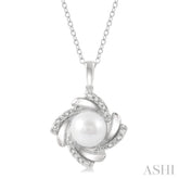 7x7 MM Round Shape Cultured Pearl and 1/50 Ctw Swirl Round Cut Diamond Pendant With Chain in Sterling Silver