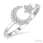 1/6 Ctw Crescent Moon and Star Round Cut Petite Diamond Fashion Ring in 10K White Gold