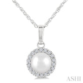 5 MM Cultured White Pearl and 1/20 Ctw Round Cut Diamond Halo Pendant With Chain in 10K White Gold