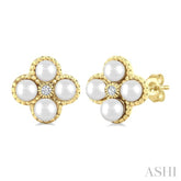 3 MM Clover Cultured Pearl and 1/50 Ctw Round Cut Diamond Fashion Earrings in 10K Yellow Gold
