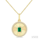 4X3 MM Octagon Shape Emerald and 1/8 Ctw Round Cut Diamond Precious Fluted Medallion Pendant in 10K Yellow Gold with Chain