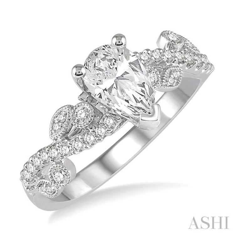 1/3 Ctw Round Diamond Pear Shape Semi-Mount Engagement Ring in 14K White Gold