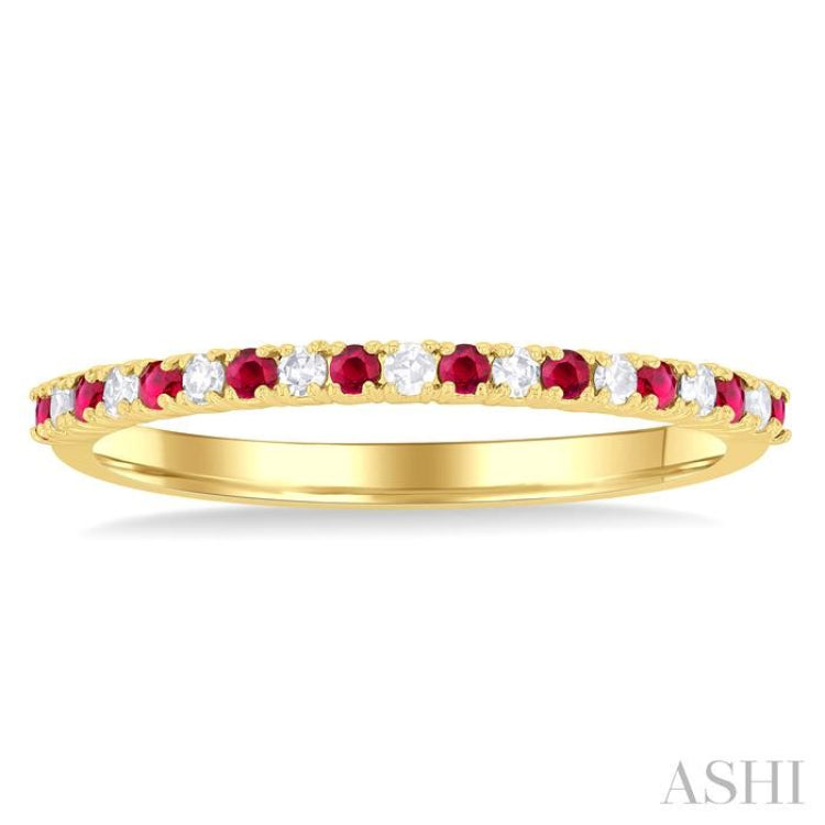 1.35 MM Round Shape Ruby and 1/10 Ctw Petite Round Cut Diamond Precious Stack Band in 10K Yellow Gold