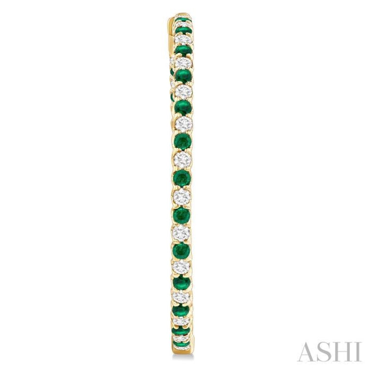 2.3 MM Emerald and Alternating 2 1/2 Ctw Round Cut Inside-Out Diamond Precious Hoop Earrings in 14K Yellow Gold