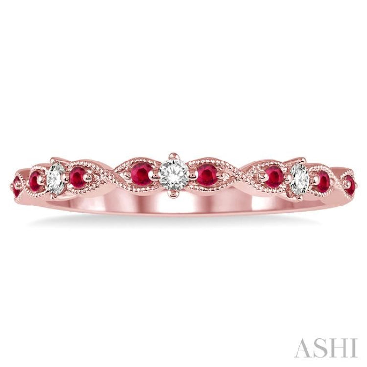 1.25 MM Ruby and 1/10 Ctw Round Cut Diamond Precious Wedding Band in 14K Rose Gold