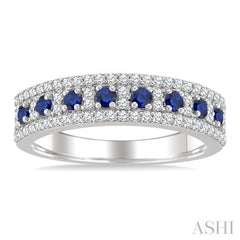 2 MM Round Shape Sapphire and 1/3 Ctw Round Cut Diamond Precious Fashion Band in 14K White Gold