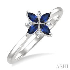 4X2 MM Marquise Shape Sapphire and 1/20 Ctw Round Cut Diamond Blossom Ring in 10K White Gold