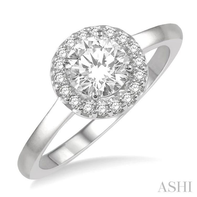 5/8 Ctw Round Cut Diamond Ladies Engagement Ring with 1/2 Ct Round Cut Center Stone in 14K White Gold