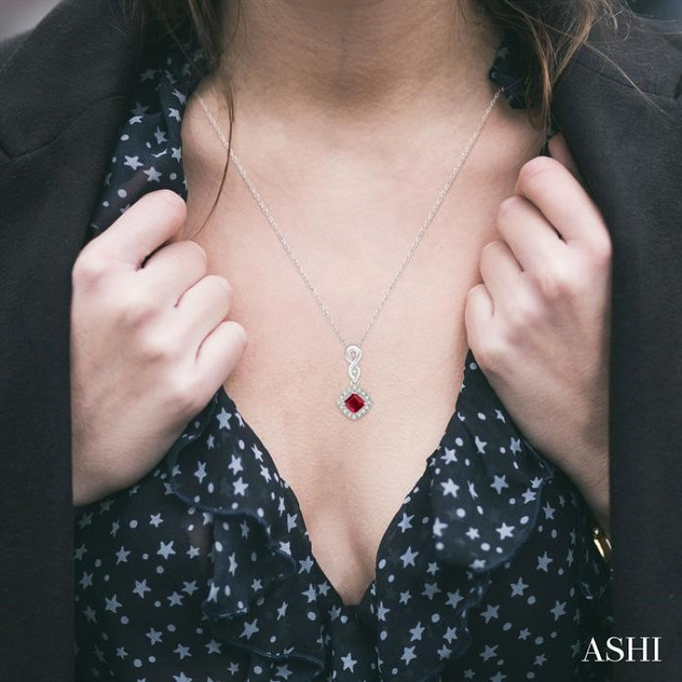 4x4 MM Cushion Shape Ruby and 1/10 Ctw Round Cut Diamond Pendant in 14K White Gold with Chain