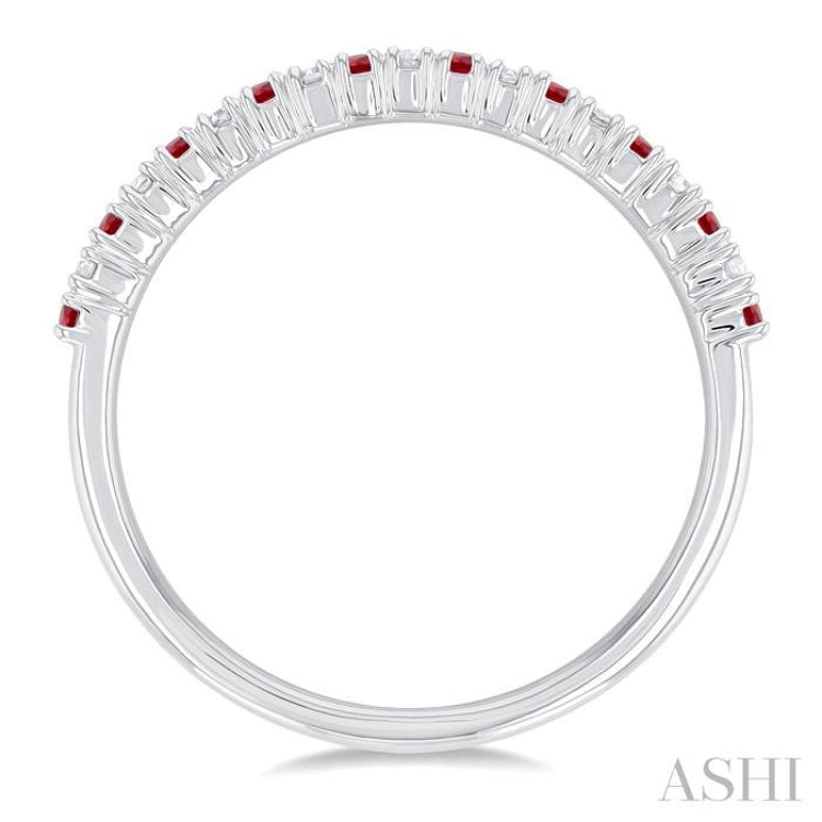 1.35 MM Round Shape Ruby and 1/10 Ctw Petite Round Cut Diamond Precious Stack Band in 10K White Gold