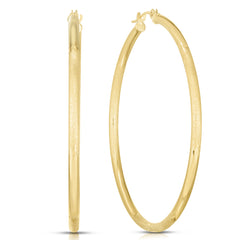 14K Yellow Gold 2x45mm Diamond Cut and Polished Design Hoop Earring