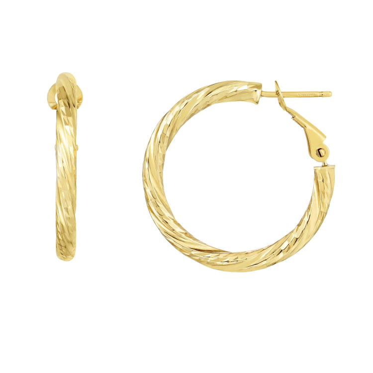 14K Yellow Gold 3x20mm Diamond Cut Twist Omega Back Hoop Earring