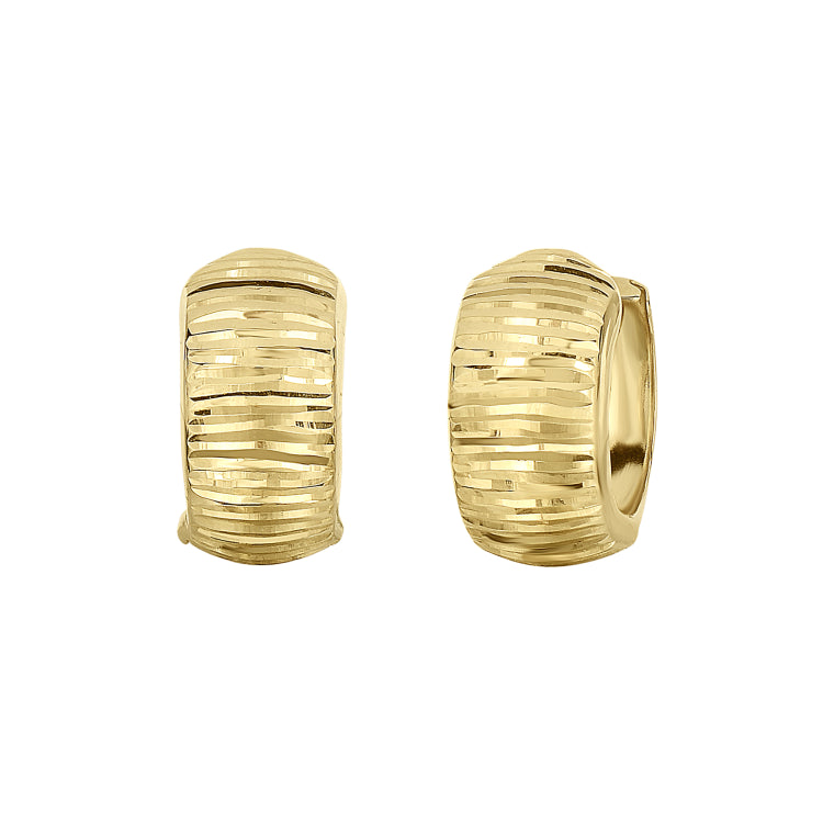 14K Yellow Gold Reversible Polished & Linear Diamond Cut Huggie Earring