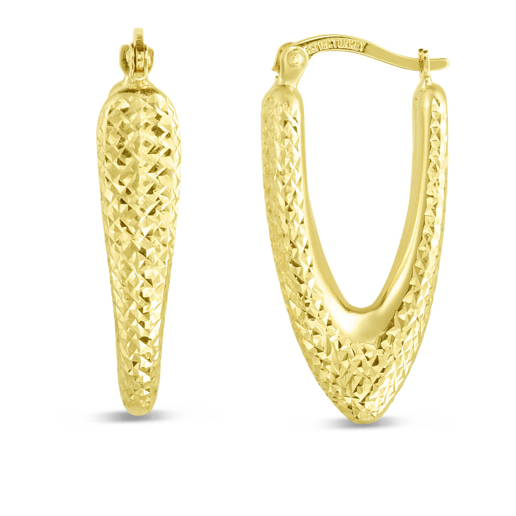 14K Yellow Gold Diamond Cut Puffed V Hoop