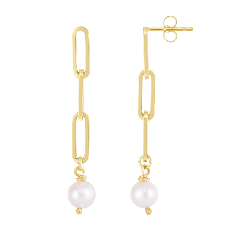 14K Yellow Gold Freshwater 8.5 - 9mm Pearl Drop Paperclip Link Earrings