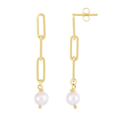 14K Yellow Gold Freshwater 8.5 - 9mm Pearl Drop Paperclip Link Earrings