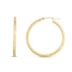 14K Yellow Gold Diamond Cut Round 2mm Hoop Earrings with Hinged Clasp