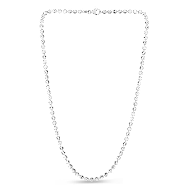 Sterling Silver 4mm Moon-cut Bead 24 Chain with Lobster Clasp. Item has rhodium finish.