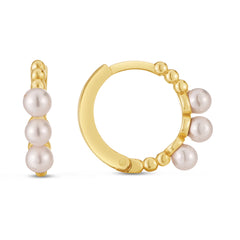 14K Yellow Gold Huggie Hoop with 3mm Pearls and Snap Clasp