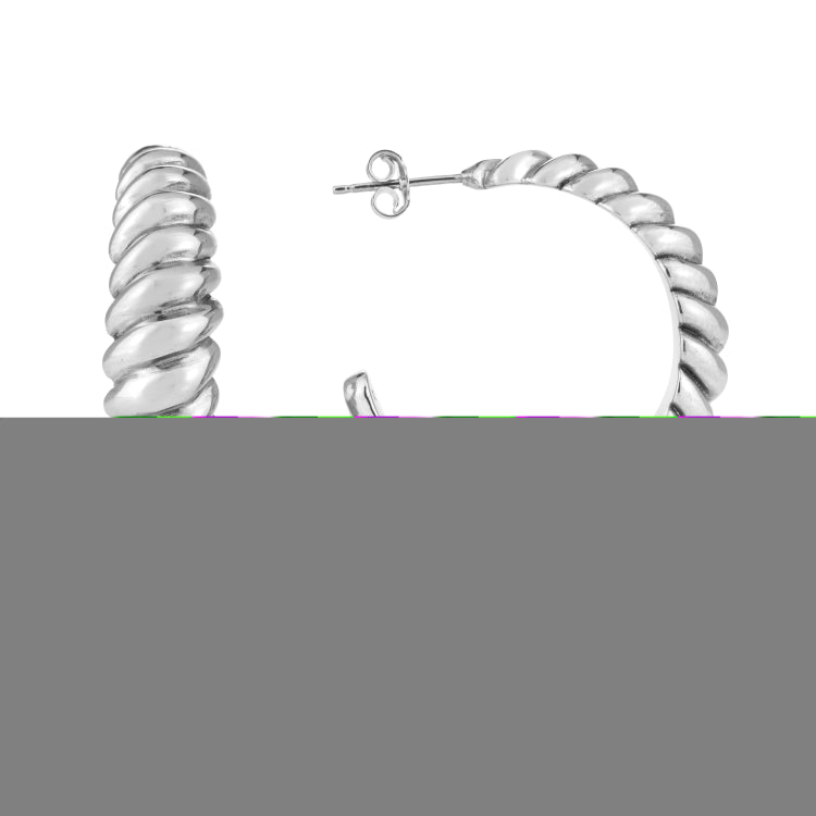Silver Polished Large Ribbed Hoops Earrings with Push Back Clasp. Rhodium Plated.