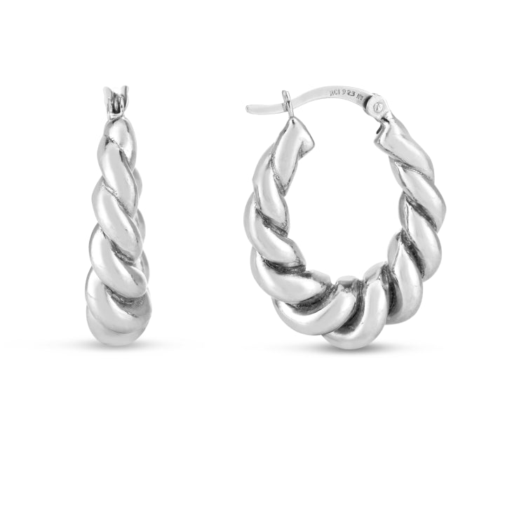 Silver Polished Twisted Hoop Earrings with Hinged Clasp. Rhodium Plated.