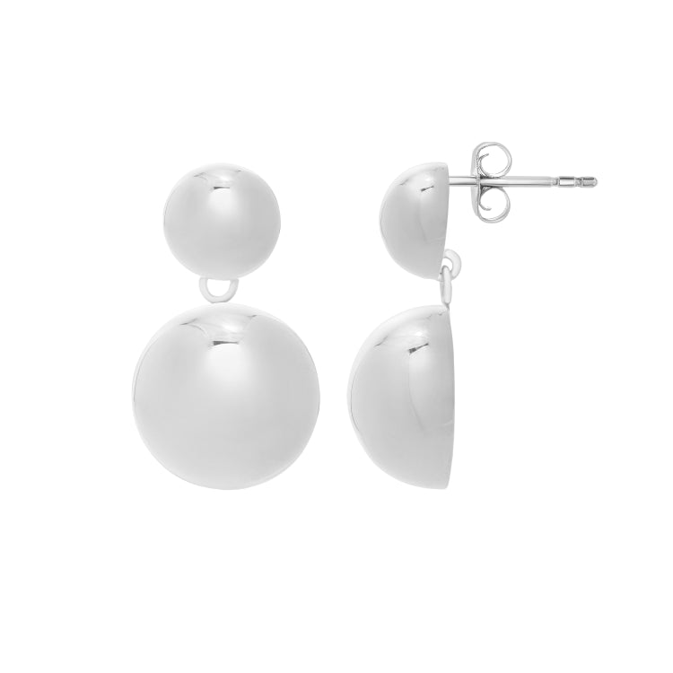 Sterling Silver Polished Puffed Round Double Button Drop Earrings with Push Back Clasp. Items has rhodium plating.