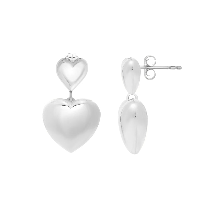 Sterling Silver Polished Puffed Double Heart Drop Earrings with Push Back Clasp. Items has rhodium plating.