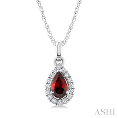 5x3 MM Pear Shape Garnet and 1/20 Ctw Round Cut Diamond Halo Semi-Precious Pendant with Chain in 10K White Gold