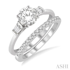 3/4 Ctw Diamond Wedding Set With 5/8 Ctw Baguette & Round Cut Engagement Ring and 1/6 Ctw Round Cut Diamond Wedding Band in 14K White Gold