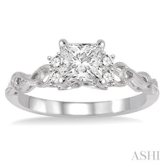 1/2 Ctw Diamond Engagement Ring with 1/3 Ct Princess Cut Center Stone in 14K White Gold