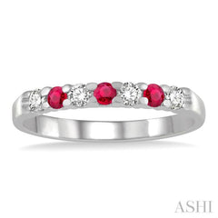 2.3 MM Ruby and 1/5 Ctw Round Cut Diamond Precious Wedding Band in 14K White Gold
