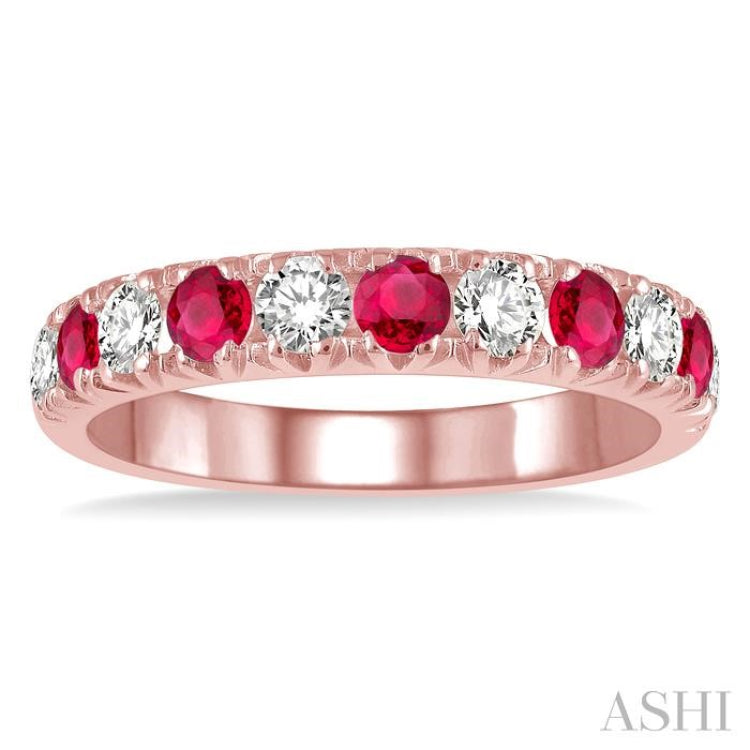 2.9 MM Ruby and 1/2 Ctw Round Cut Diamond Precious Wedding Band in 14K Rose Gold