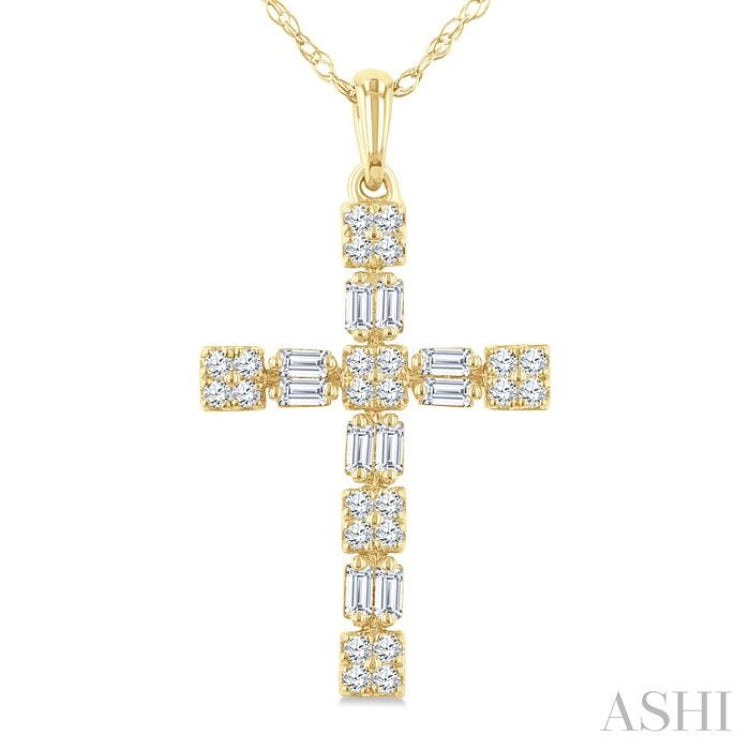 1/3 Ctw Geometric Cross Fusion Baguette and Round Cut Diamond Fashion Pendant With Chain in 14K Yellow Gold