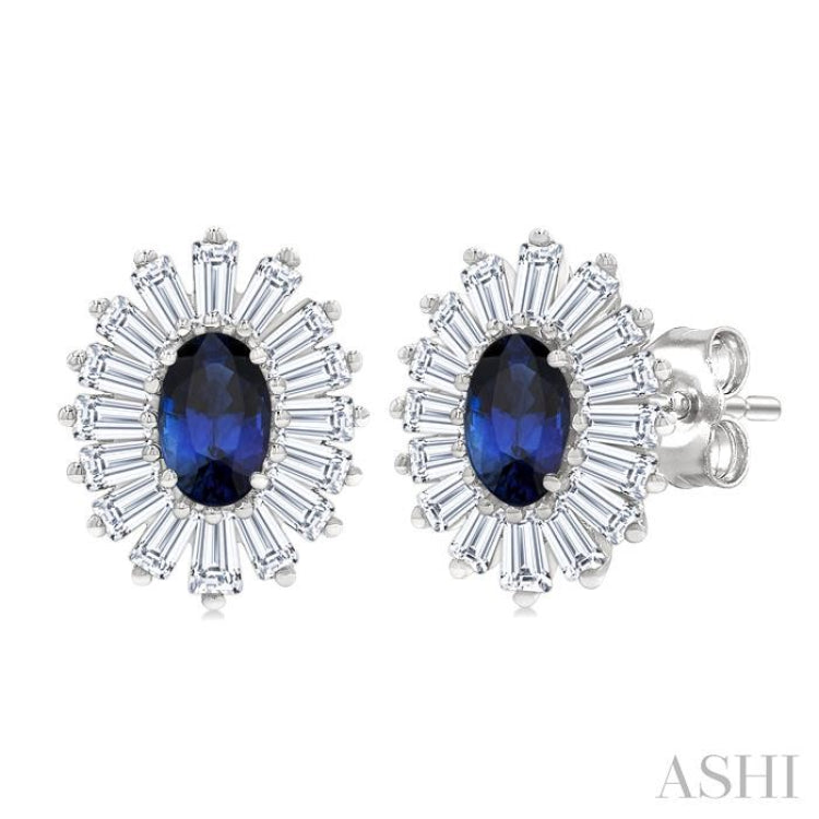 1/2 Ctw 5X3MM Oval Cut Sapphire and Baguette Cut Diamond Halo Precious Stud Earring in 14K White Gold