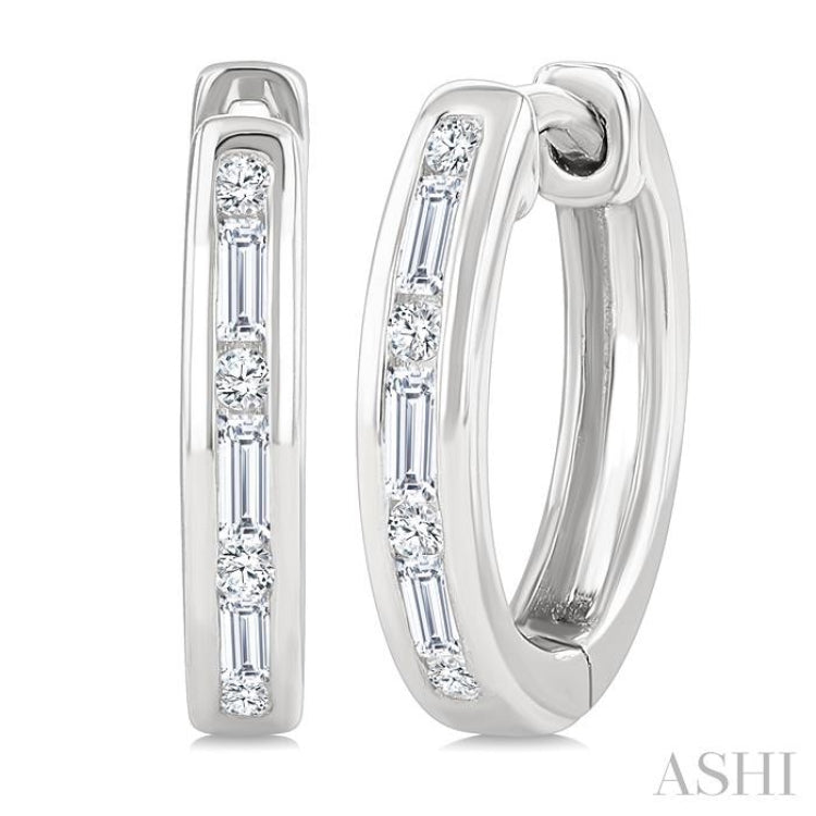 1/5 Ctw Baguette & Round Cut Diamond Channel Set Petite Huggie Earrings in 10K White Gold
