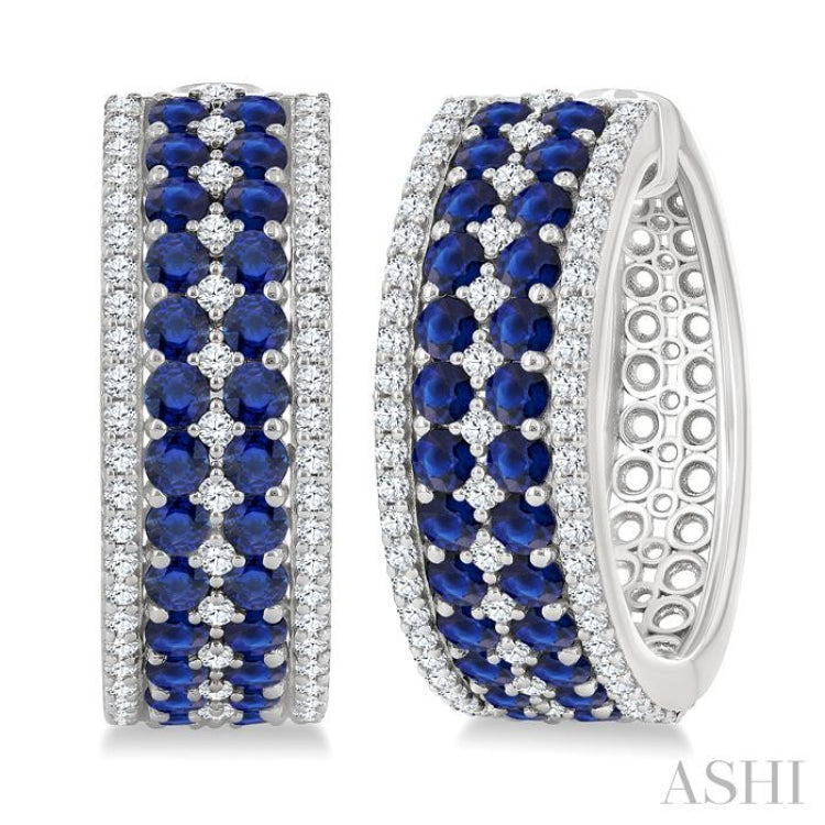 3/4 Ctw 2.00MM Round Cut Sapphire and Round Cut Diamond Precious Hoop Earring in 14K White Gold
