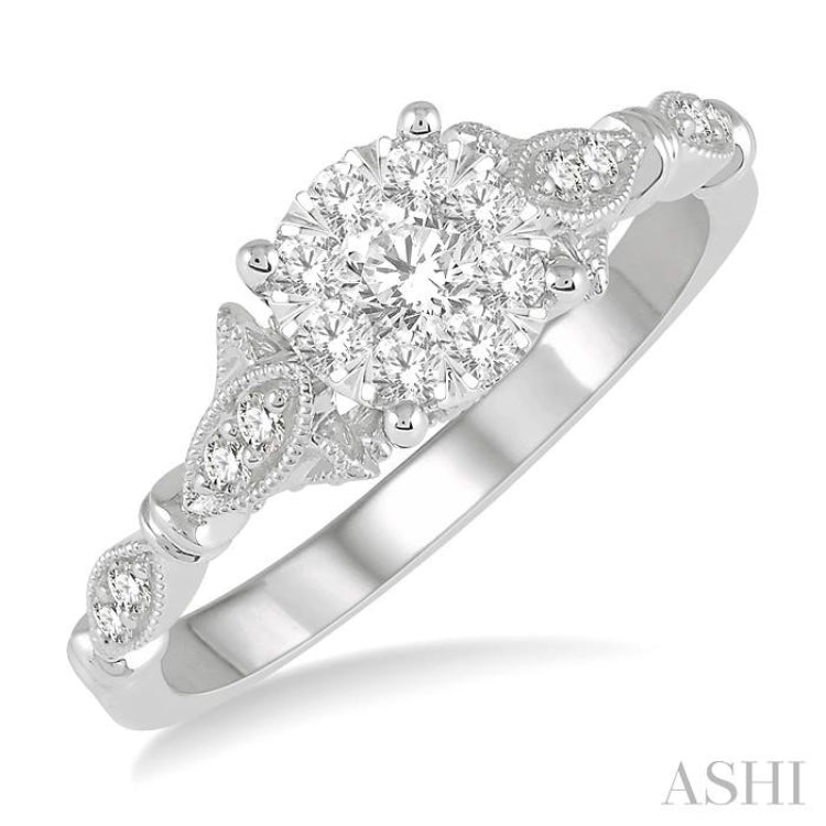 1/2 Ctw Marquise Shank Circular Mount Lovebright Round Cut Diamond Ring in 14K White Gold