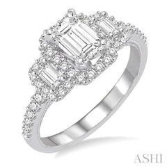 1/2 Ctw Emerald Shape Baguette and Round Cut Diamond Semi-Mount Engagement Ring in 14K White Gold