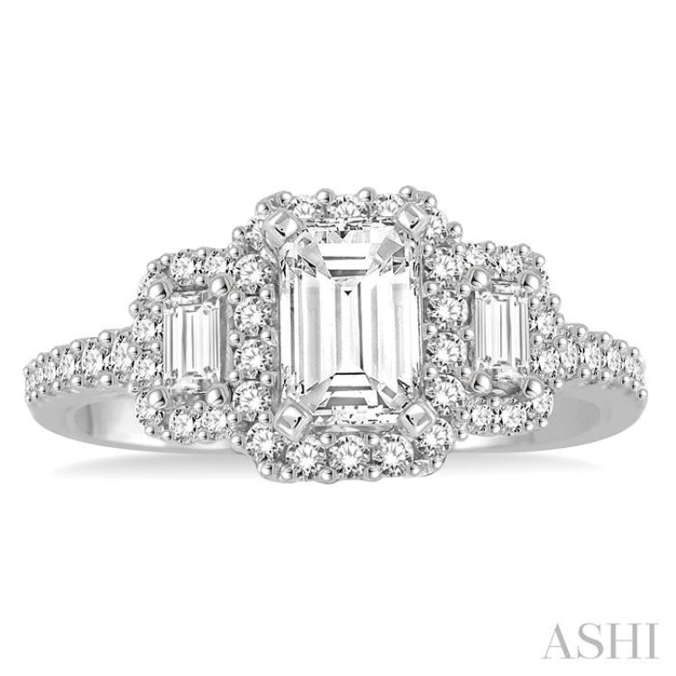 1/2 Ctw Emerald Shape Baguette and Round Cut Diamond Semi-Mount Engagement Ring in 14K White Gold