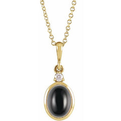 14K Yellow Gold 6x4 mm Natural Black Onyx & .01 CT Natural Diamond 16-18" Necklace
