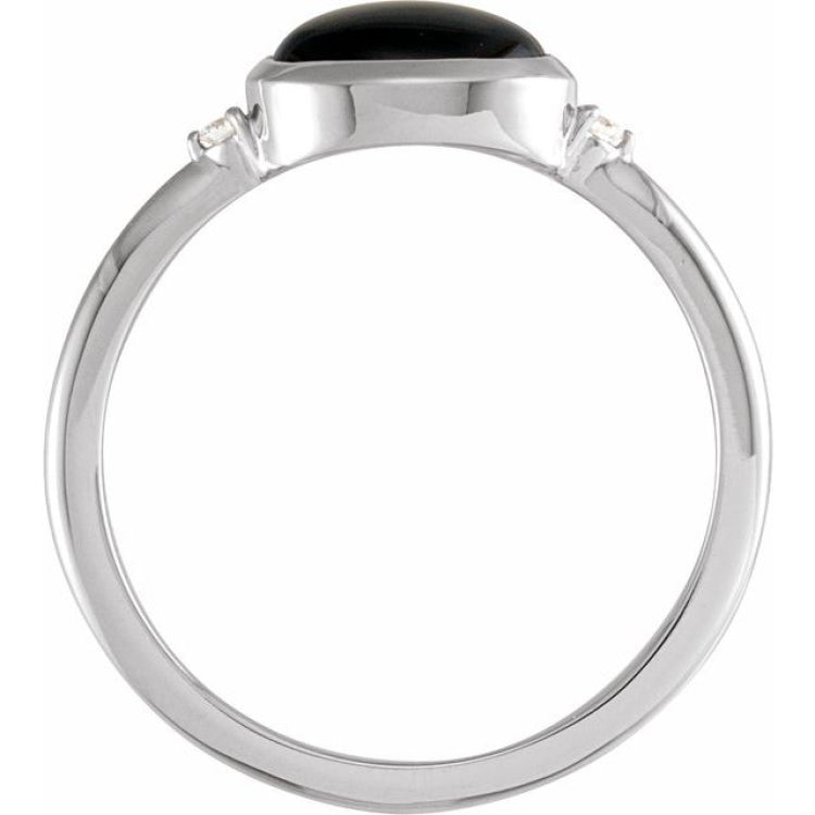 14K White Gold 8x6 mm Round Natural Black Onyx & .03 CTW Natural Diamond Ring