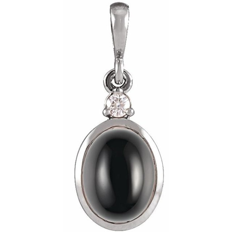 14K White Gold 10x8 mm Natural Black Onyx & .03 CT Natural Diamond Cabochon Pendant