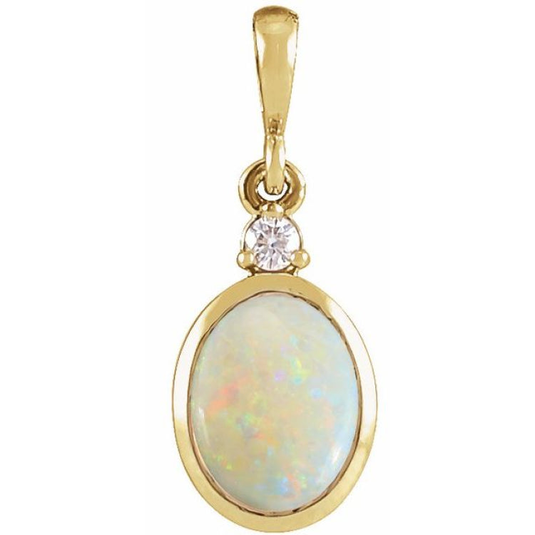 14K Yellow Gold 10x8 mm Natural White Opal & .03 CT Natural Diamond Cabochon Pendant