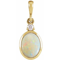 14K Yellow Gold 10x8 mm Natural White Opal & .03 CT Natural Diamond Cabochon Pendant