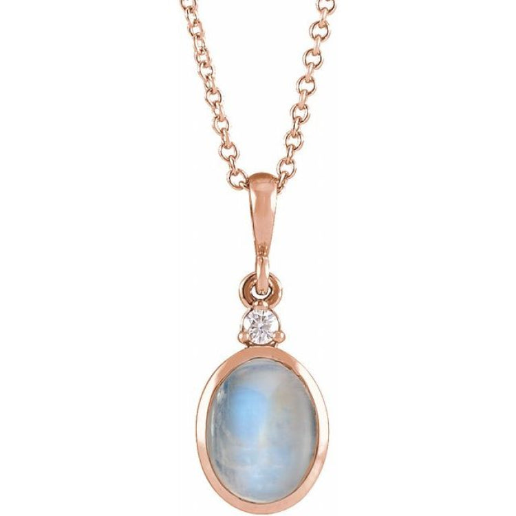 14K Rose Gold 5x3 mm Natural Rainbow Moonstone & .03 CT Natural Diamond 16-18" Necklace