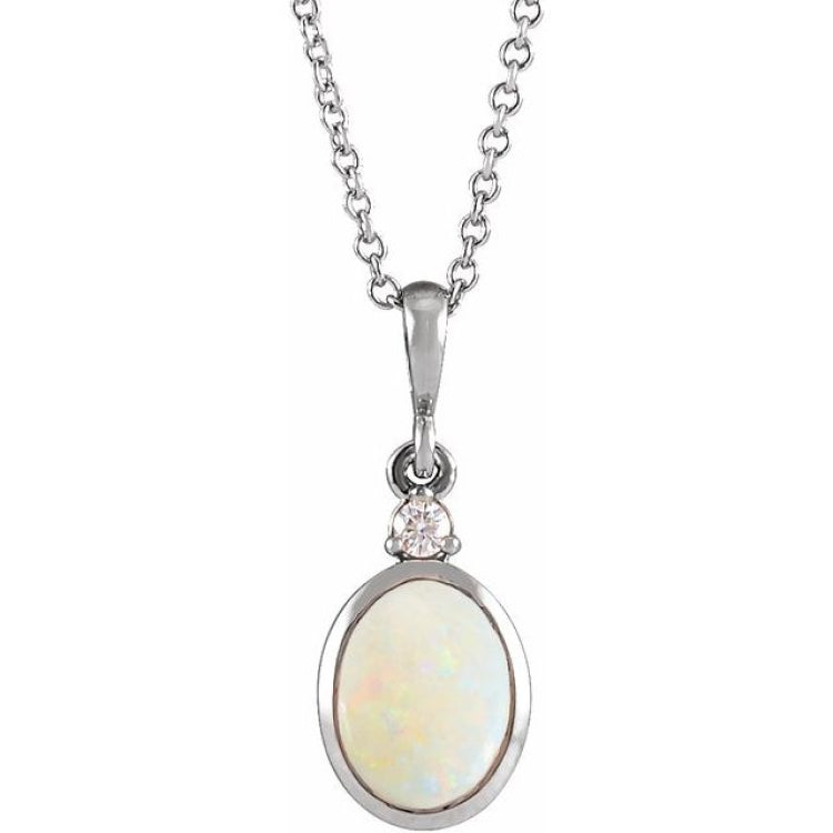 14K White Gold 9x7 mm Natural White Opal & .03 CT Natural Diamond 16-18" Necklace