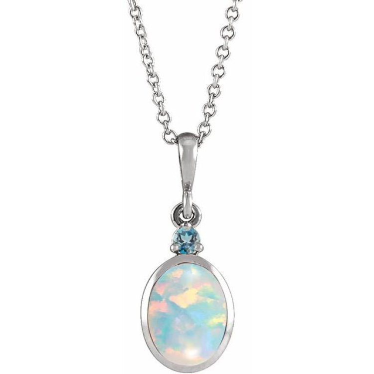 Sterling Silver 5x3 mm Lab-Grown White Opal & Natural London Blue Topaz 16-18" Necklace